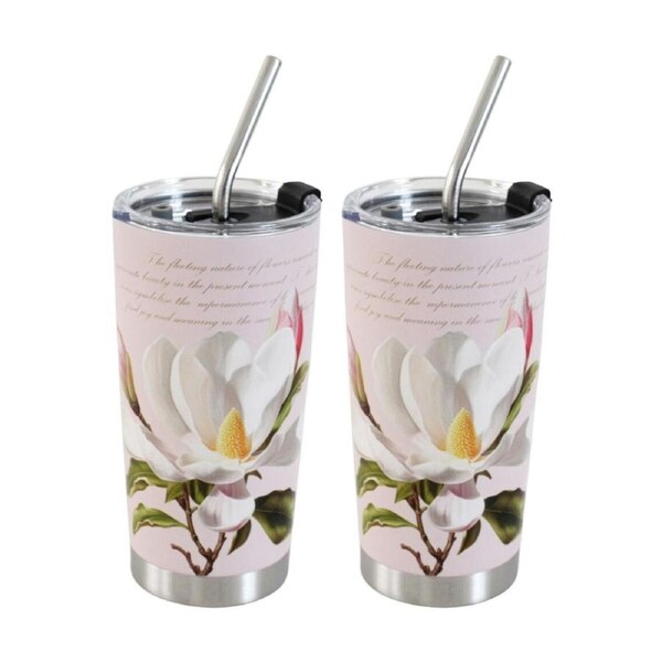 2x 3pc LVD Straw Drink Cup Set W/ Magnolia & Straw-Cleaning Brush 600ml