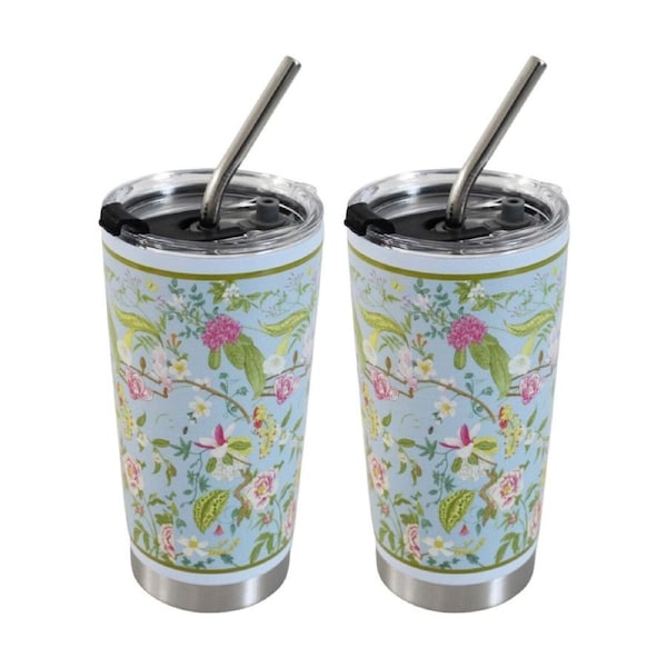 2x 3pc LVD Straw Drink Cup Set W/ Botanica Garden & Straw-Cleaning Brush 600ml