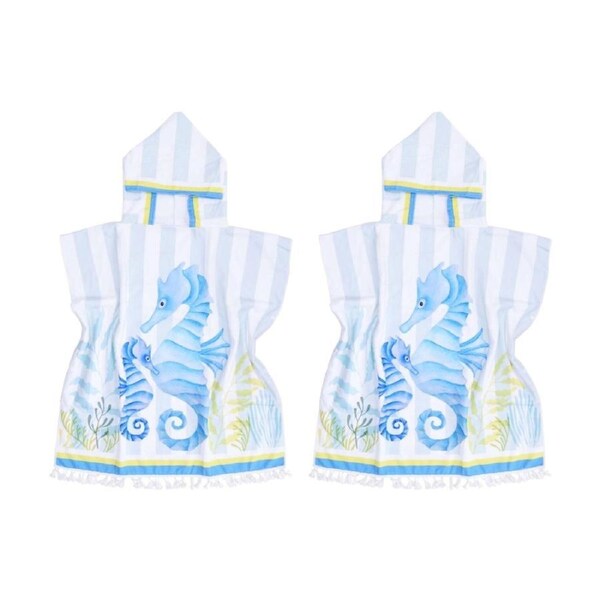 2PK LVD Kids Blue Seahorse Microfibre Poncho Towel W/ Pockets 70x70cm