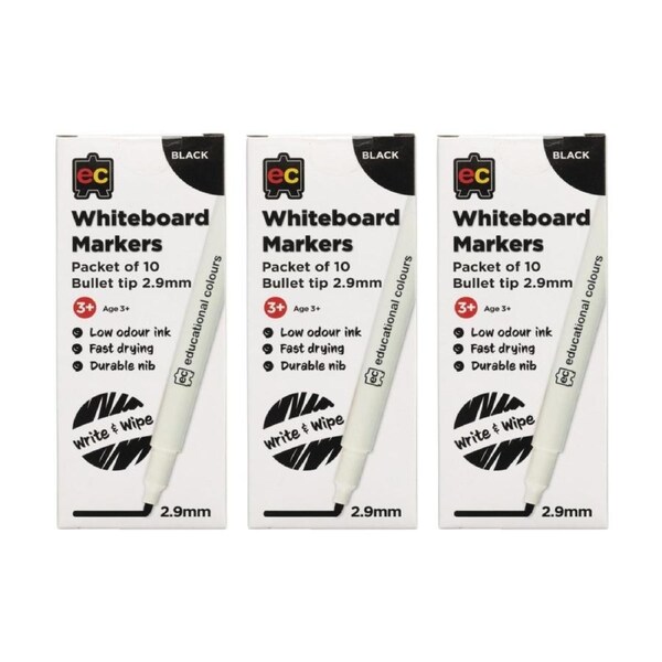 3x 10pc Educational Colours Whiteboard Thin Black Marker 2.9mm Tip Kids 3y+
