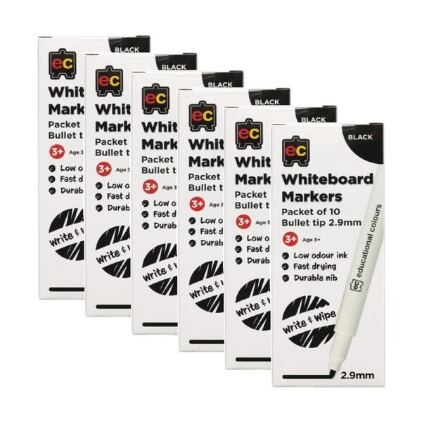 6x 10pc Educational Colours Whiteboard Thin Black Marker 2.9mm Tip Kids 3y+