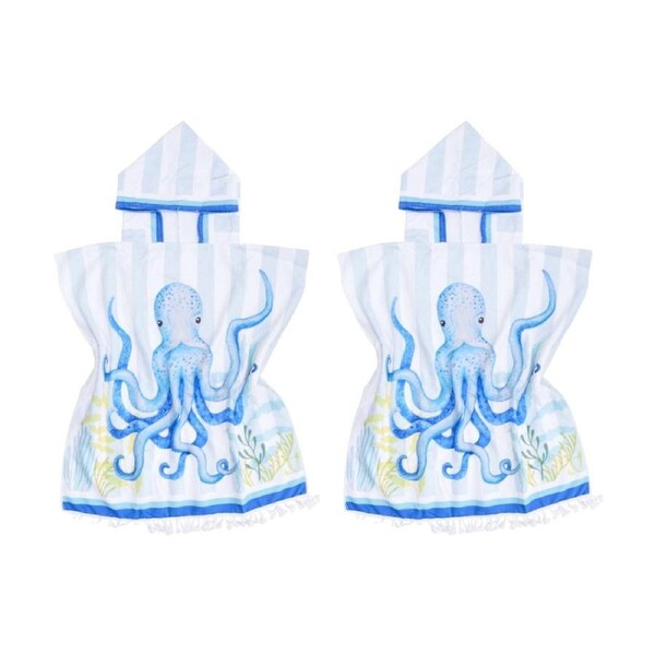 2PK LVD Kids Blue Octopus Microfibre Poncho Towel W/ Pockets 70x70cm
