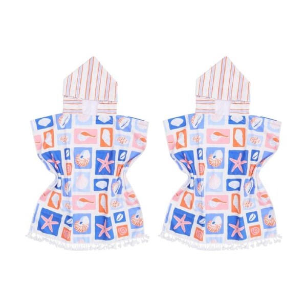 2PK LVD Kids Blue/Orange Sea Shells Microfibre Poncho Towel W/ Pockets 70x70cm