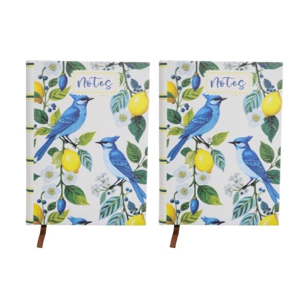 2PK LVD Textured Cover Notebook Journal W/ Small Birds & Lemon Florals 15x11x2cm