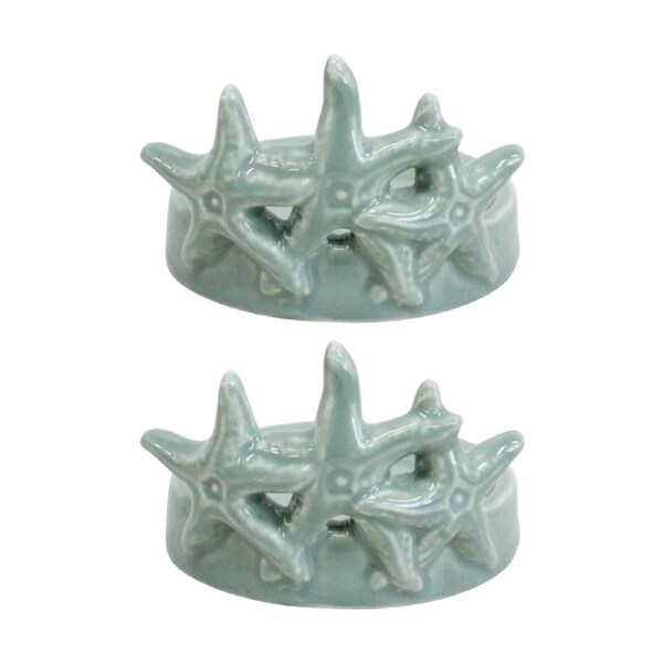 2PK LVD Green Ceramic Starfish Candle Holder Coastal Home Decor 10x10x6.5cm