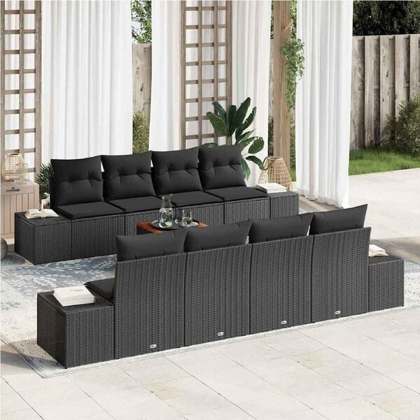 Garden Sofa Set with Cushion 9 pcs Black Poly Rattan vidaXL