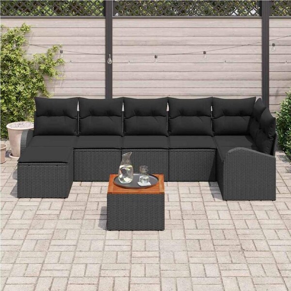 Garden Sofa Set with Cushion 8 pcs Black Poly Rattan vidaXL