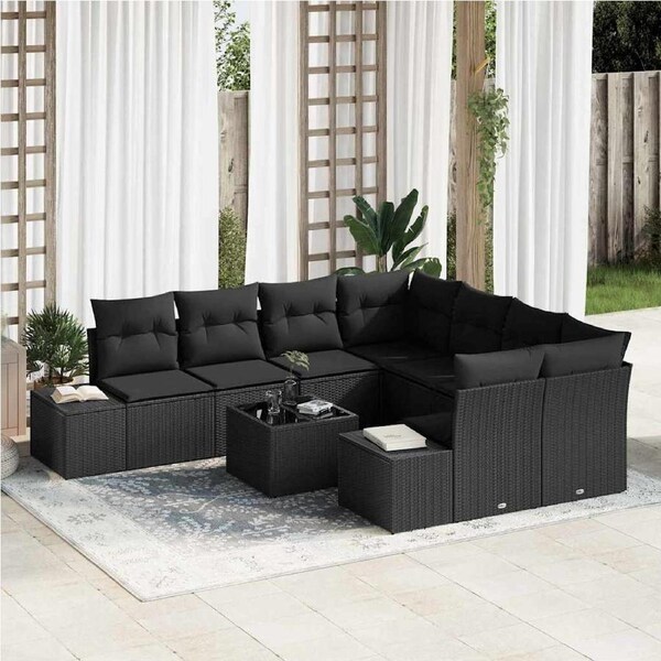 Garden Sofa Set with Cushion 9 pcs Black Poly Rattan vidaXL