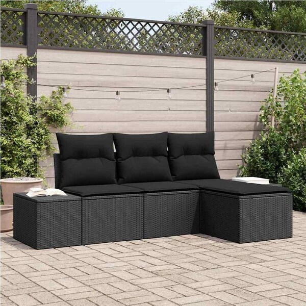 Garden Sofa Set with Cushion 4 pcs Black Poly Rattan vidaXL