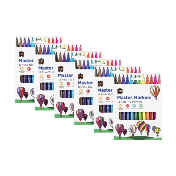6PK 12pc Educational Colours Master Fine Tip Markers Pack Kids 3y+