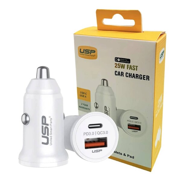 USP 25W Dual Port (USB-C 25W PD + USB-A 18W QC3.0) Fast Car Charger White