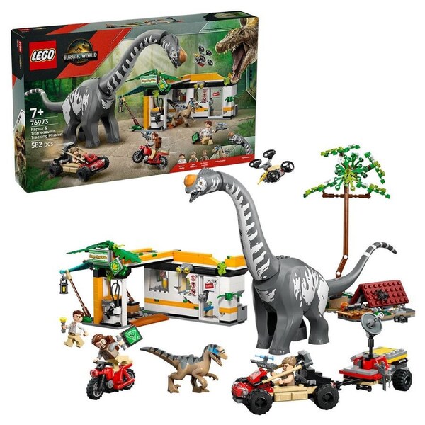 LEGO Jurassic World Raptor And Titanosaurus Tracking Mission 76973 Building Kit with 582 Pieces, Dinosaur Figures, and Interactive Play Options