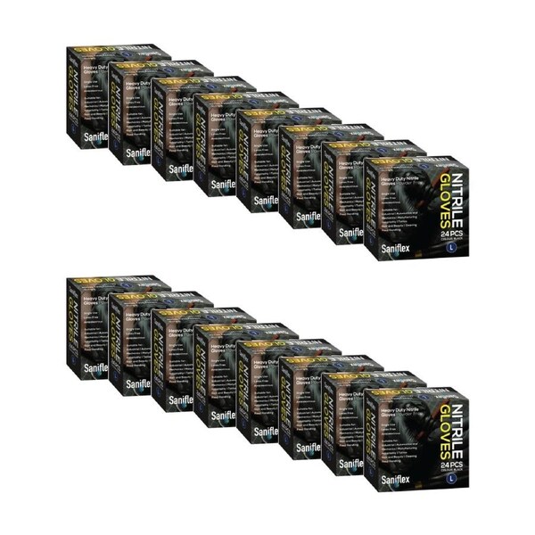 16x 24pc Saniflex Single Use Disposible Heavy Duty Nitrile Gloves L Black