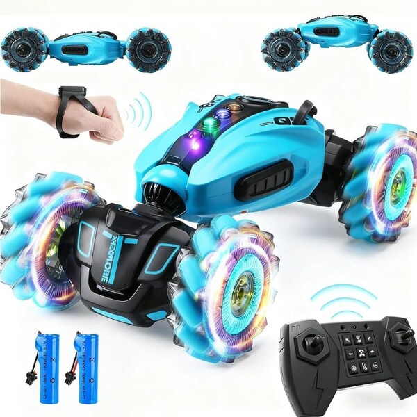 HOLALA 2.4GHz RC Stunt Car Gesture Sensor 360 Degree Rotation Lights Spray & Music-Blue