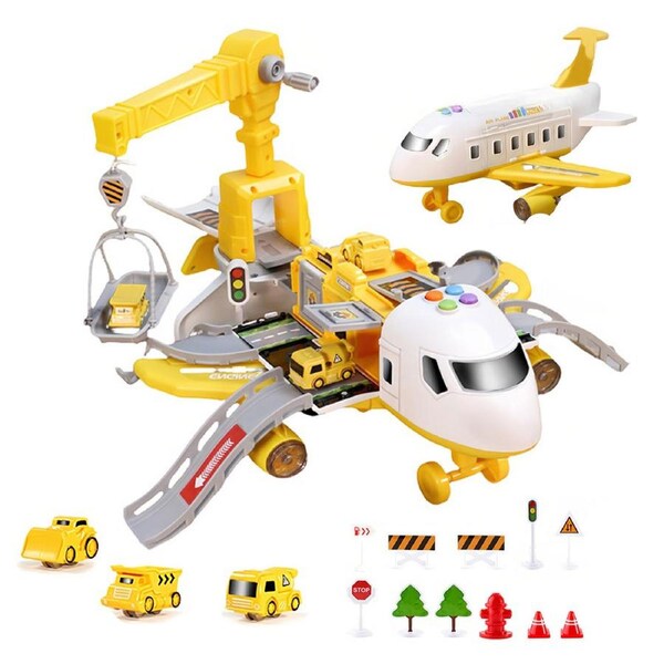 HOLALA Transport Construction Airplane Toy Set with 3 Sliding Car 11 Road Signs-Yellow