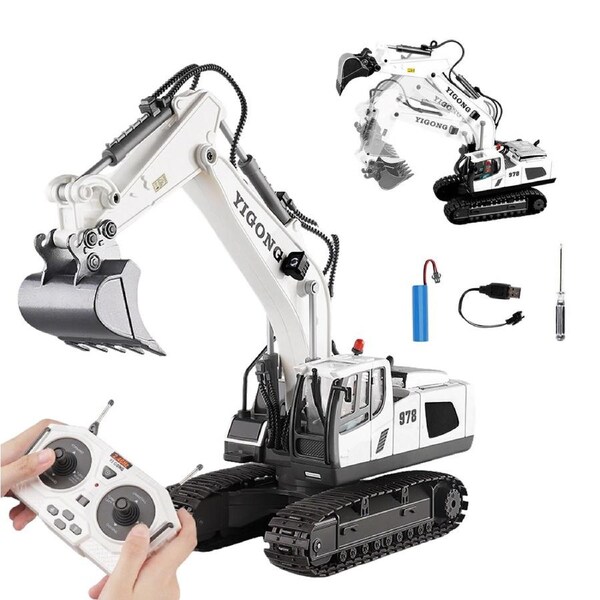 HOLALA RC Excavator with Metal Shovel Lights & Sound for Kids-White