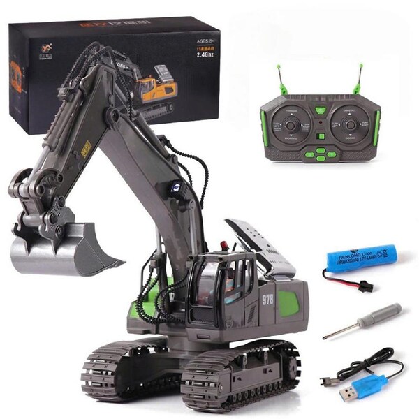HOLALA RC Excavator with Metal Shovel Lights & Sound for Kids-Grey