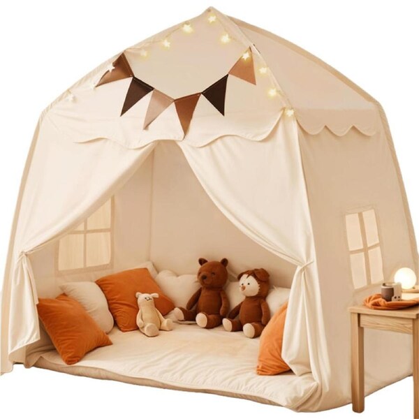 HOLALA Large Playhouse for Kids with Flags & Star Lights-Beige