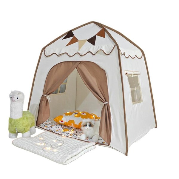 HOLALA Large Playhouse for Kids with Flags & Star Lights-BeigeCoffee