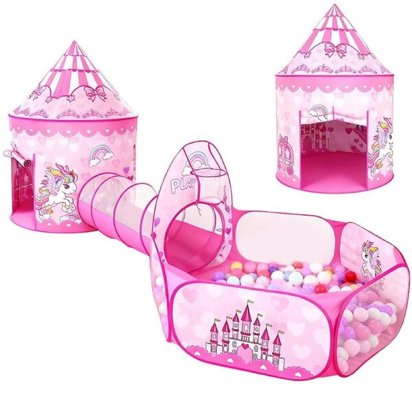HOLALA 3Pcs Kids Play Tent Set with Tunnel & Playhouse-Pink Castle