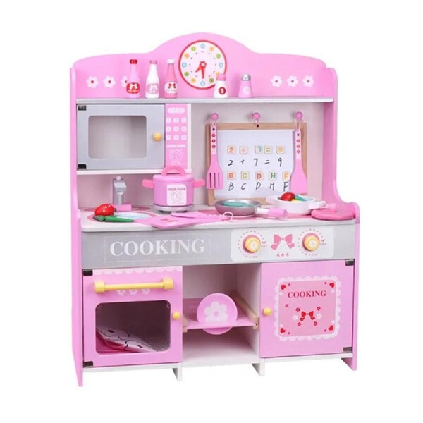 HOLALA Pink Kids Kitchen Playset Wooden with Blackboard & Fruits