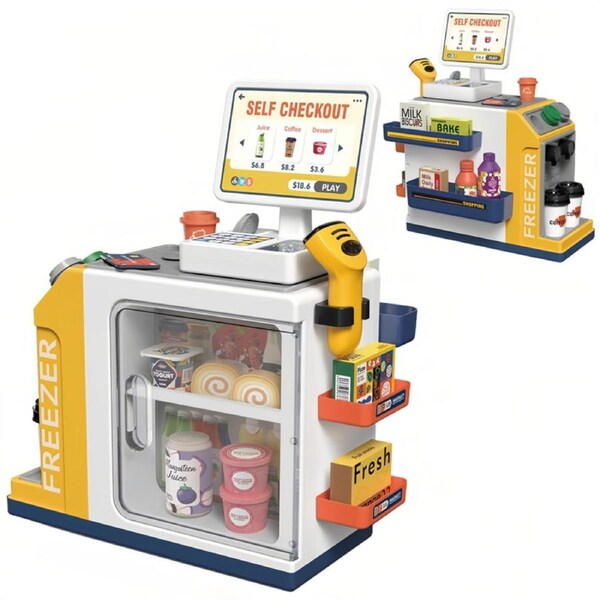 HOLALA 46Pcs Kids Cash Register Playset Pretend Play Toy for Child Ages 3+-Yellow