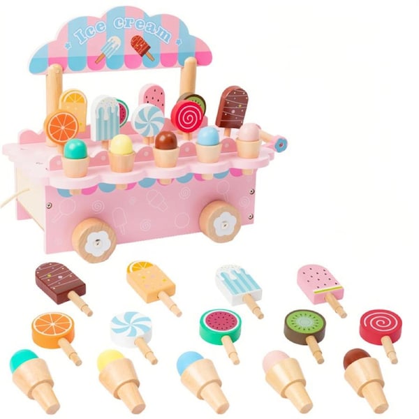 HOLALA Kids Ice Cream Cart Truck Toys Wooden Play Ice Creams Setfor Child 3-8-Pink