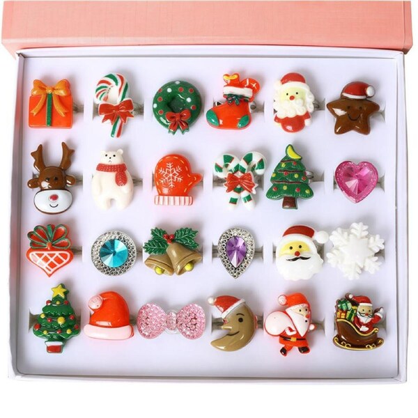 HOLALA 24Pcs Jewel Rings in Box Dress Up Toys for 3+ Girl-Christmas