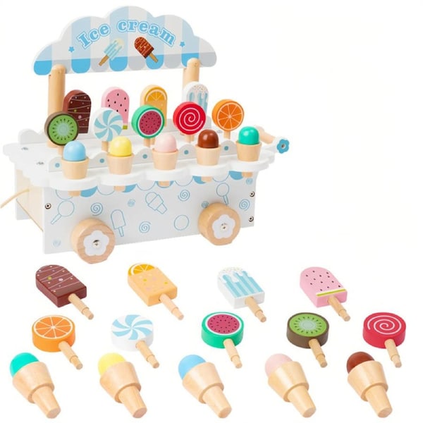 HOLALA Kids Ice Cream Cart Truck Toys Wooden Play Ice Creams Setfor Child 3-8-White