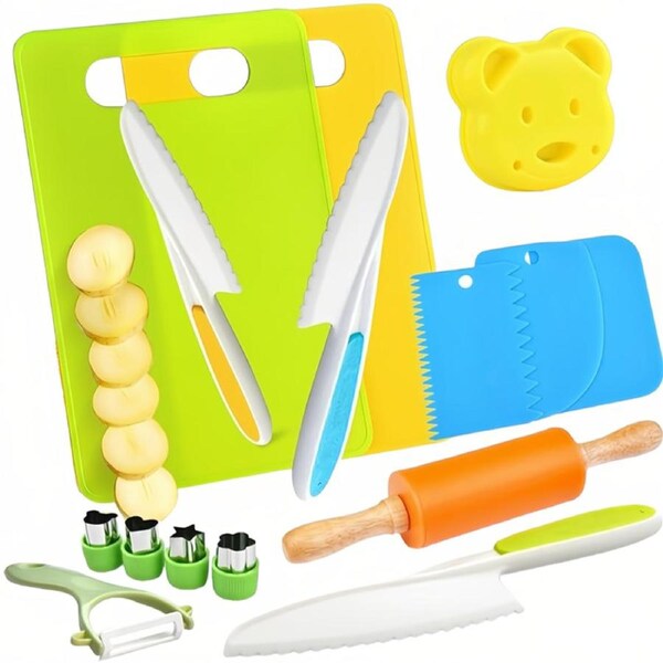 HOLALA 15Pcs Kitchen Toys Kids Real Cooking Sets Children Safe Knives-RollingPin
