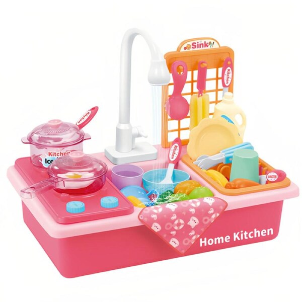 HOLALA Kitchen Sink Toys Pretend Play Kitchen Set for 4-6 Boys Girls-Pink