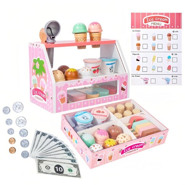 HOLALA Wooden Ice Cream Toys Kids Play Store Pretend Toy for 3-6 Child-Pink