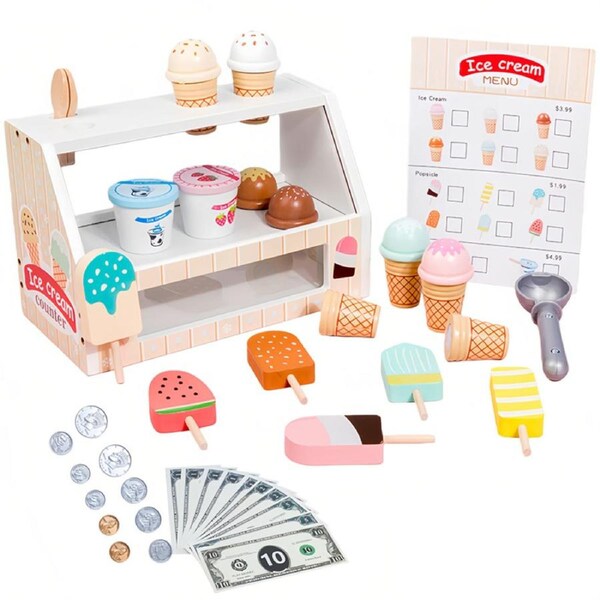 HOLALA Wooden Ice Cream Toys Kids Play Store Pretend Toy for 3-6 Child-OffWhite