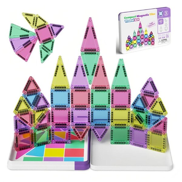 HOLALA 40Pcs Mini Magnetic Tiles with Storage Iron Box Toy Set for Kids Birthday Gift