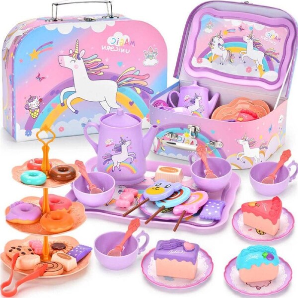 HOLALA Kids Tea Party Set Pretend Play Kitchen Toy with Dessert Carrying Case-Unicorn