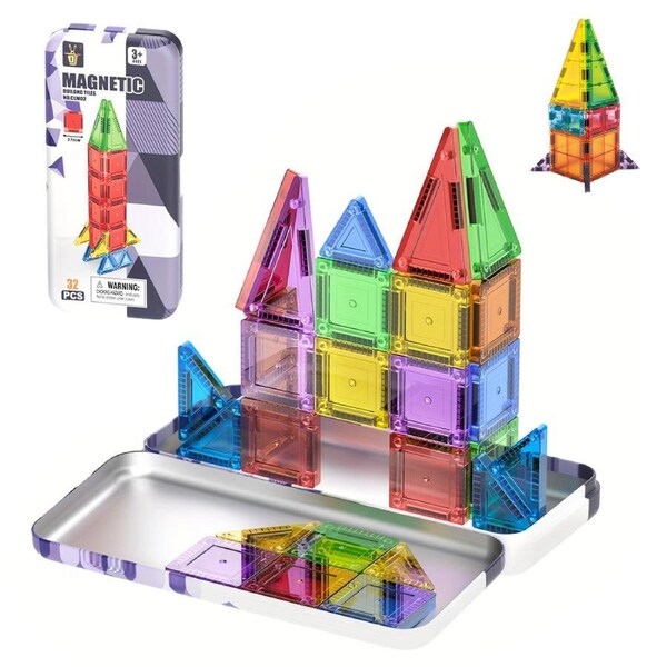 HOLALA 32Pcs Magnetic Tiles Mini 3D Building Blocks Set with Iron Box for Kids Age 3+