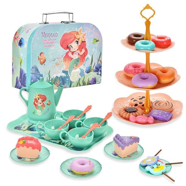 HOLALA Kids Tea Party Set Pretend Play Kitchen Toy with Dessert Carrying Case-Mermaid
