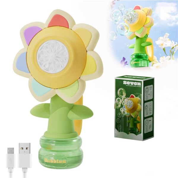 HOLALA Rechargeable Flower Bubble Toys for Kids with LED Lights Fun Swing Dance Blaster Toys-Yellow