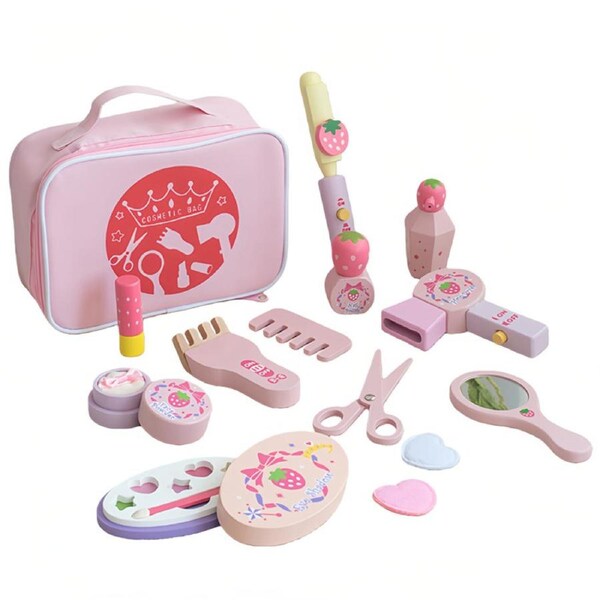 HOLALA Wooden Makeup Toy Set Pretend Cosmetic Bag Toys for 4-6 Girls