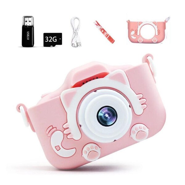 HOLALA Cat Camera for Kids HD 2 Lens with 32G TF Card & Reader Ideal Gifts-Pink
