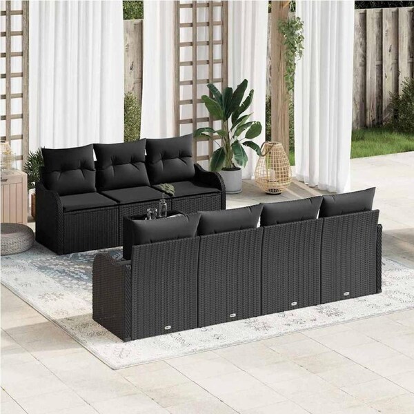 Garden Sofa Set 8 pcs Black Poly Rattan and Steel and Glass vidaXL
