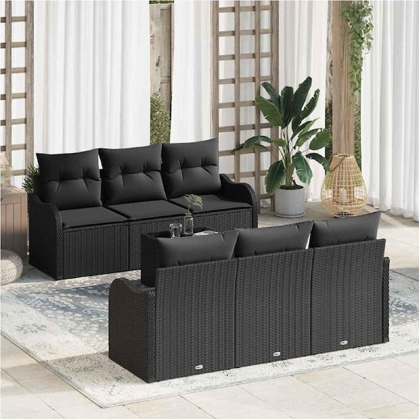 Garden Sofa Set 7 pcs Black Poly Rattan and Steel and Glass vidaXL