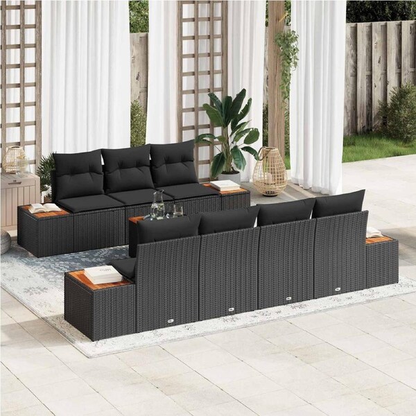 Garden Sofa Set with Cushion 8 pcs Black Poly rattan vidaXL