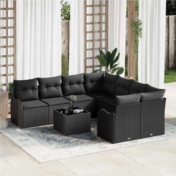 Garden Sofa Set 9 pcs Black Poly Rattan and Steel and Glass vidaXL