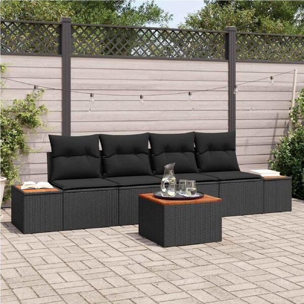 Garden Sofa Set with Cushion 5 pcs Black Poly rattan vidaXL
