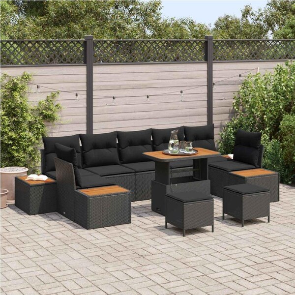 Garden Sofa Set with Cushion 10 pcs Black Poly rattan vidaXL