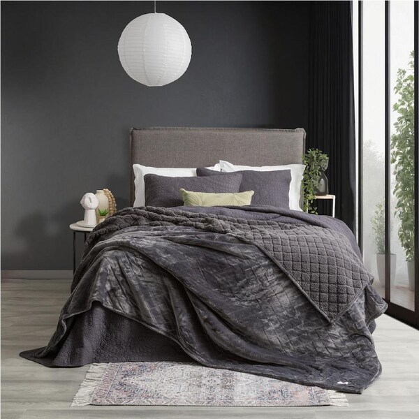 Renee Taylor Heston Blanket 480GSM Velvet Sherpa Bedding Graphite Super King