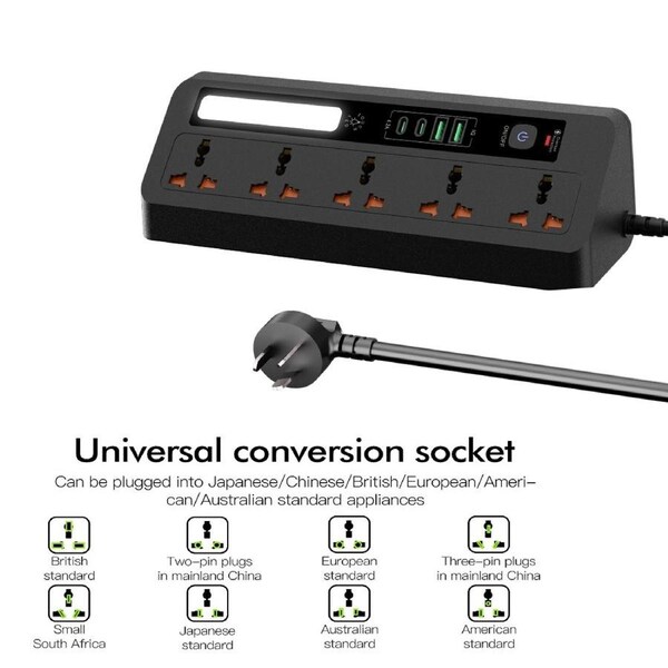 Surge Protected AU Power Board with 35W USB-C Fast Charge, 9-in-1 Desktop Extension Lead 1.8m, 4 USB Ports, Touch LED Night Light,Black- VELORICA