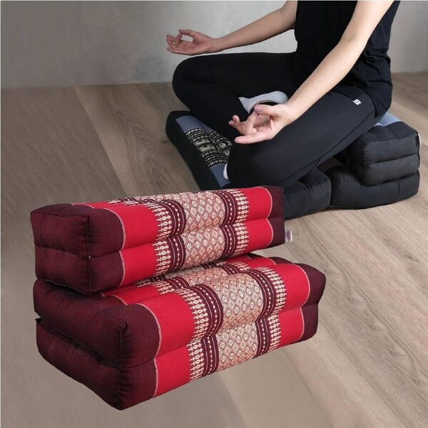 Thai 3-Fold Zafu Meditation Cushion Set Red 50x50cm 100% Kapok Cotton Foldable