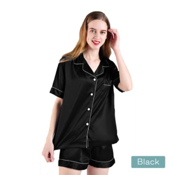 Premium 2pc Satin Short Women Pajamas Set Large Black Soft Relaxed Fit